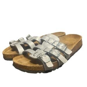 Birkenstock Xenia Metallic Grey Silver Comfy Boho Chic Glam Slide Sandals Size 7